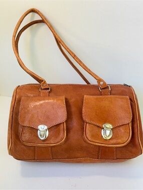 Vintage Leather Barrel Shoulder Bag Y2K Multi Pocket Boho Duffel Purse Handbag